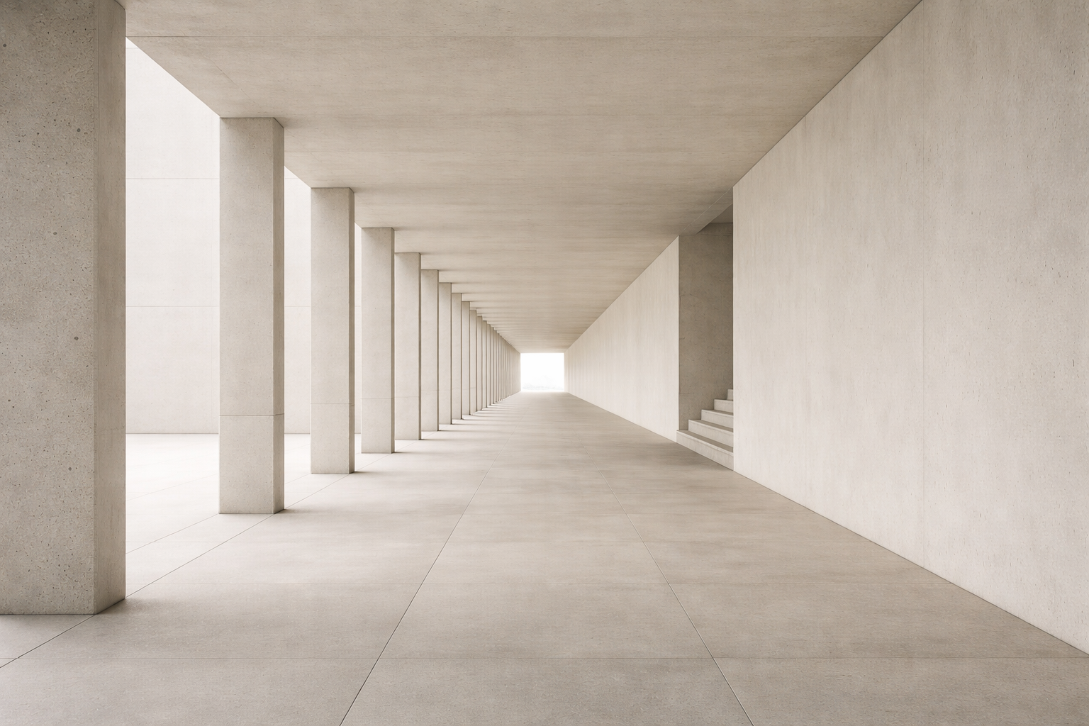Minimalist architectural corridor receding into soft natural light, suggesting patient long-term vision and disciplined progress.