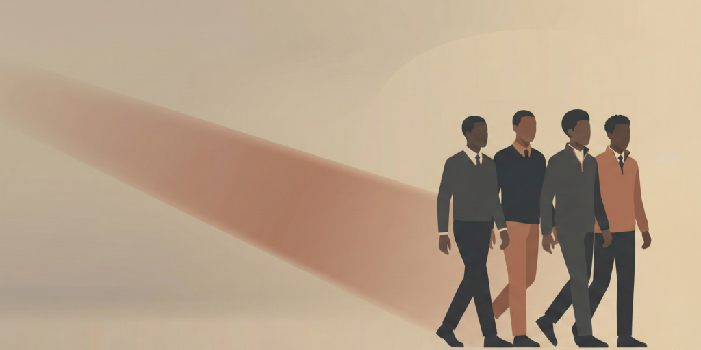 Minimalist illustration of a small group of young Black men walking forward in quarter-zip uniforms, representing collective transformation and the next phase of the Quarter Zip Movement.