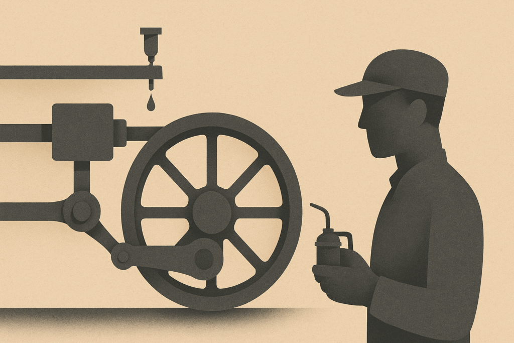Minimalist warm-sand and soft-charcoal illustration of Elijah McCoy inspecting a steam locomotive’s piston and oil cup, symbolizing his automatic lubrication system.