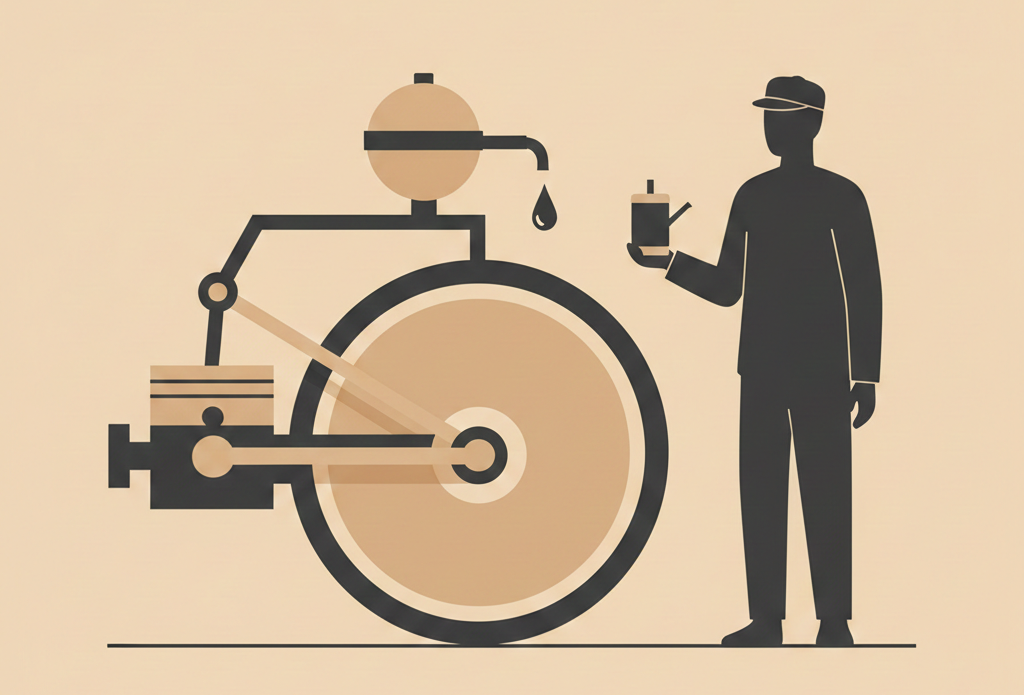 Minimalist illustration of Elijah McCoy alongside steam engine diagrams and lubrication systems