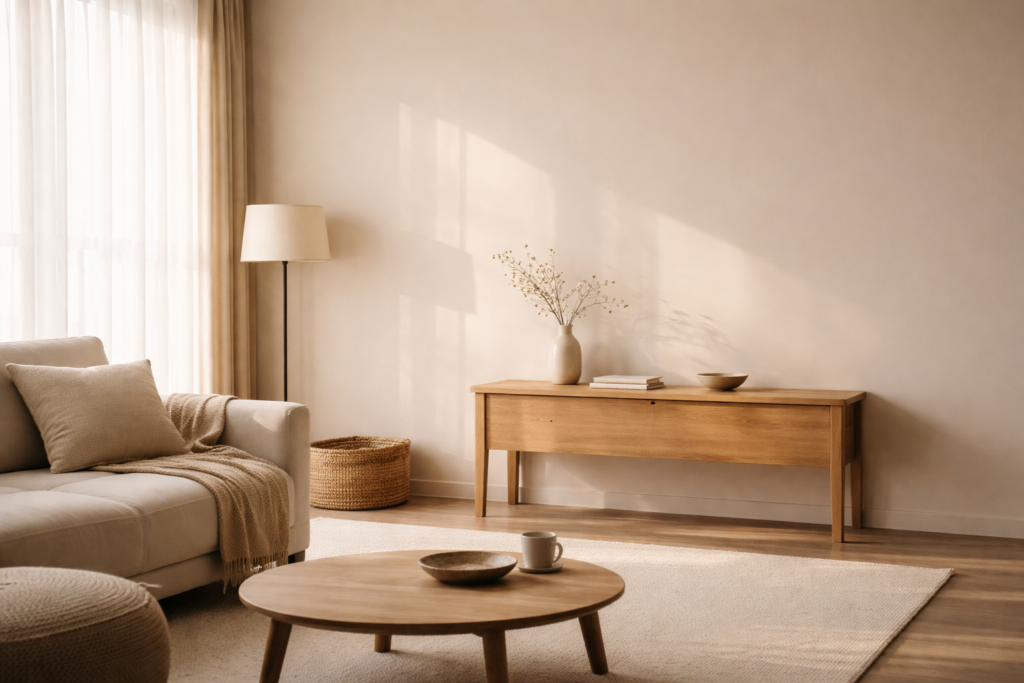 Minimalist interior with warm natural light and a cleared surface, expressing a quiet reset and emotional steadiness within the home.