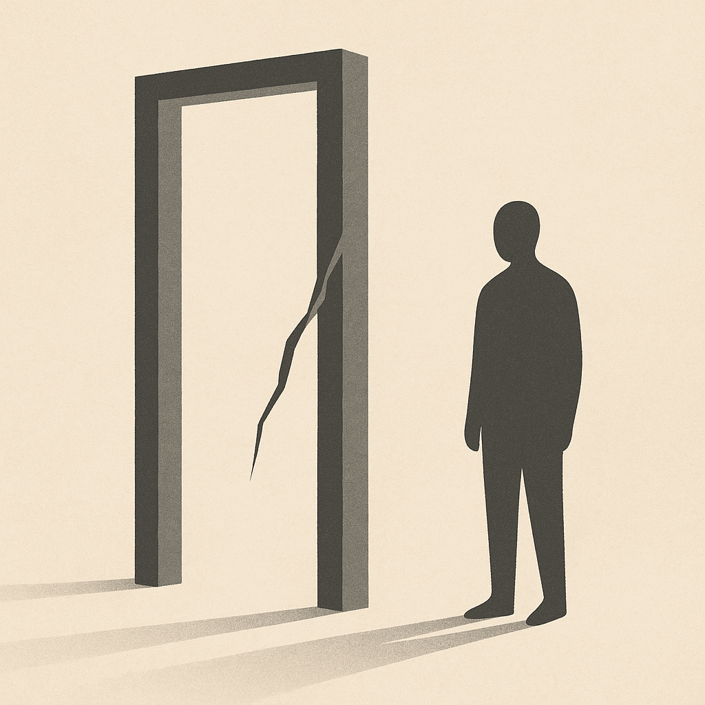 Minimalist illustration of an abstract figure observing a cracked geometric structure that represents the cost of emotional intensity.