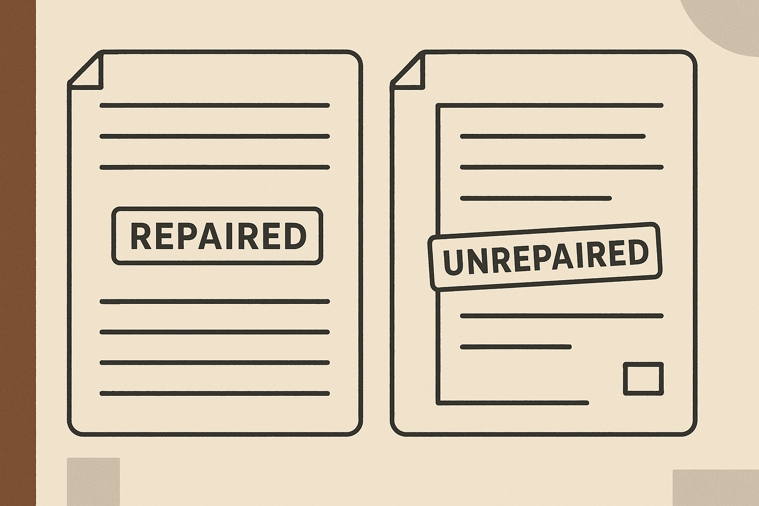 Reparations feasibility illustrated through parallel repaired and unrepaired ledgers.