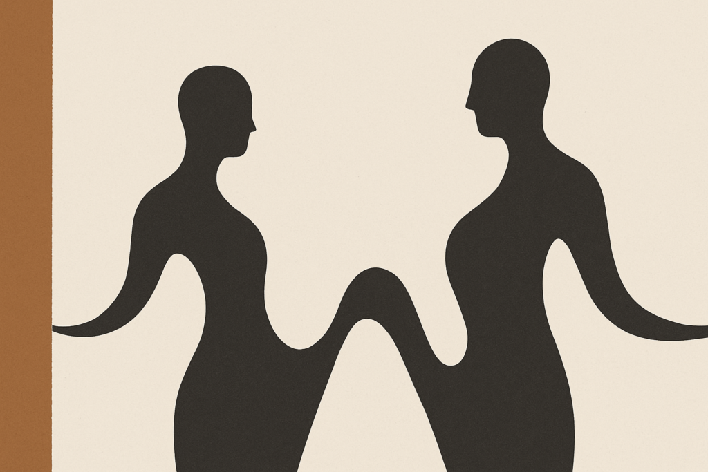 Minimalist warm-sand illustration of two abstract charcoal human silhouettes rendered as rhythmic waveforms with a clay-brown vertical beam on the left.