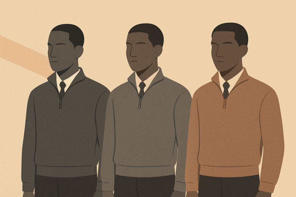 Minimalist illustration of three young Black men standing side by side wearing quarter-zip sweaters layered over button-up shirts and ties, representing the New Code uniform within the Quarter Zip Movement.