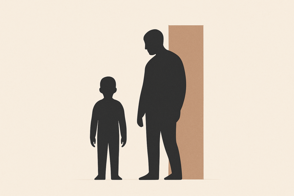 Minimalist illustration showing a new partner’s role in co-parenting, with a calm adult silhouette beside a child and a clay-brown structural beam representing boundaries and role clarity.