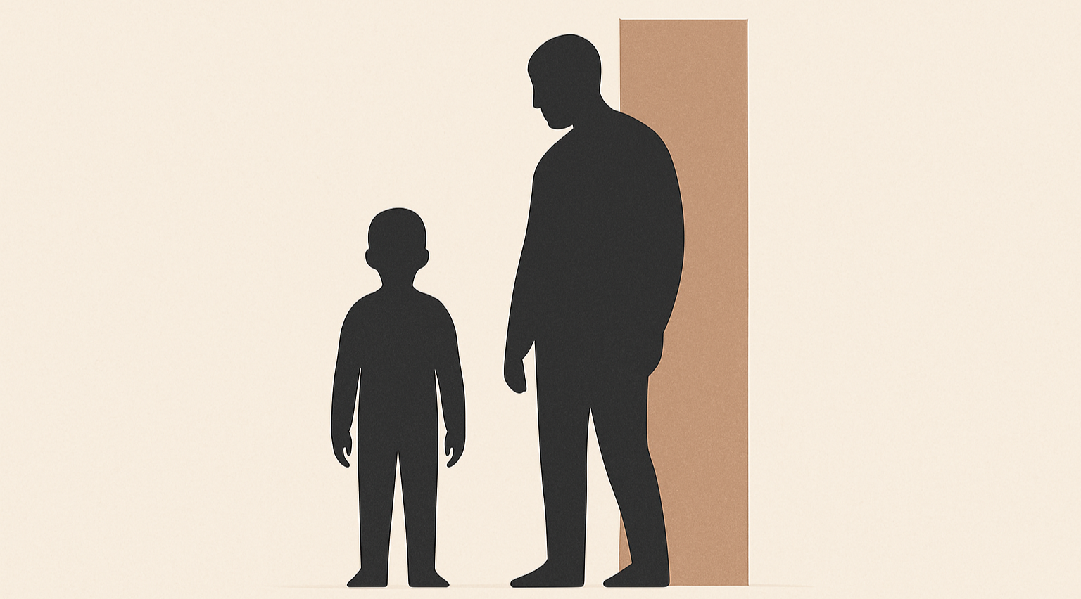 Minimalist illustration showing a calm adult silhouette beside a child, with a clay-brown vertical beam representing restraint, patience, and respectful co-parenting boundaries.
