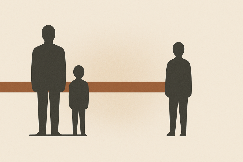 Minimalist illustration showing a father and child connected by a grounding line, with a new partner figure standing respectfully apart, symbolizing healthy co-parenting boundaries.