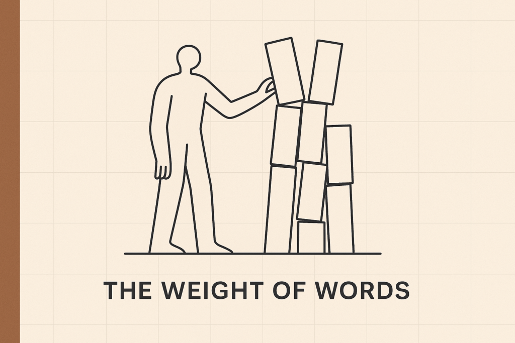 The Weight of Words illustration showing a figure steadying leaning word-blocks on a warm sand background.