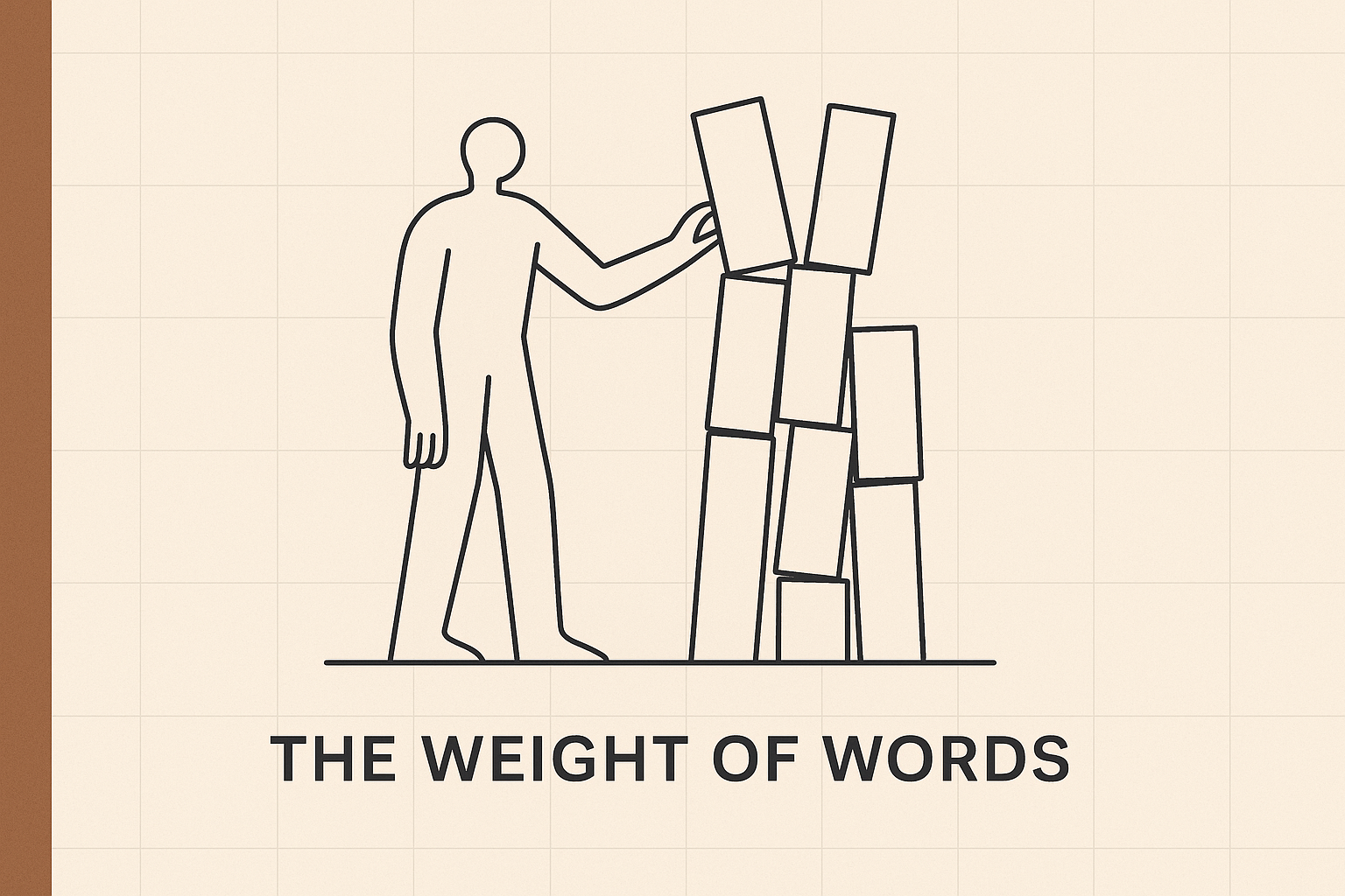 The Weight of Words illustration showing a line-art human figure steadying a leaning stack of rectangular blocks, symbolizing the weight and structure of language on a warm sand background with a clay-brown left beam.