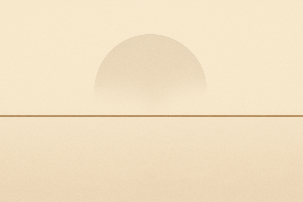 Minimalist warm sand and soft charcoal illustration showing a thin clay brown line symbolizing a pause, with a soft expanding shape above it suggesting steady breath and clarity.