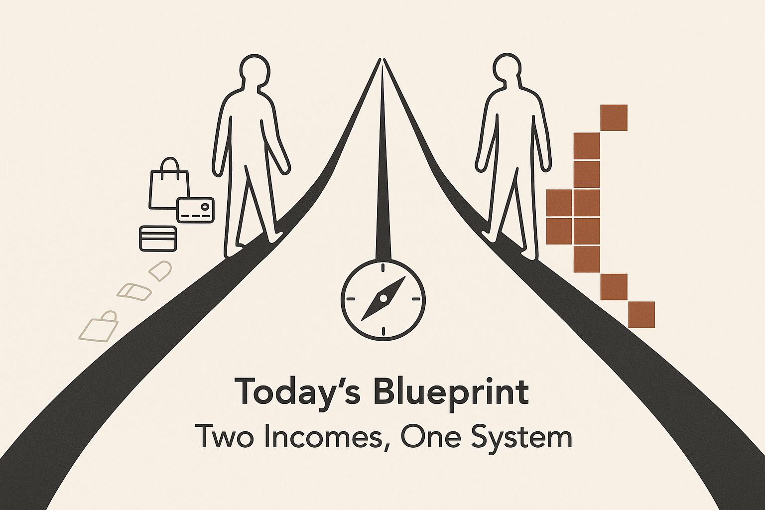 Minimalist illustration representing two incomes one system with parallel rails merging into a disciplined financial path.