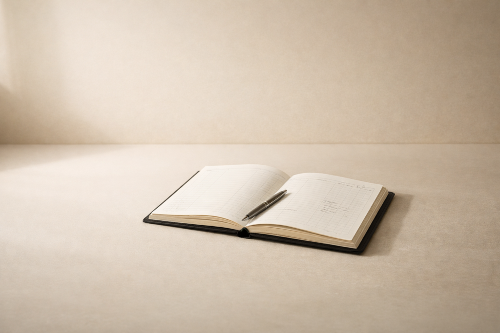 Minimalist editorial still life showing an open ledger on a clean surface, symbolizing financial analysis, economic accountability, and disciplined review.