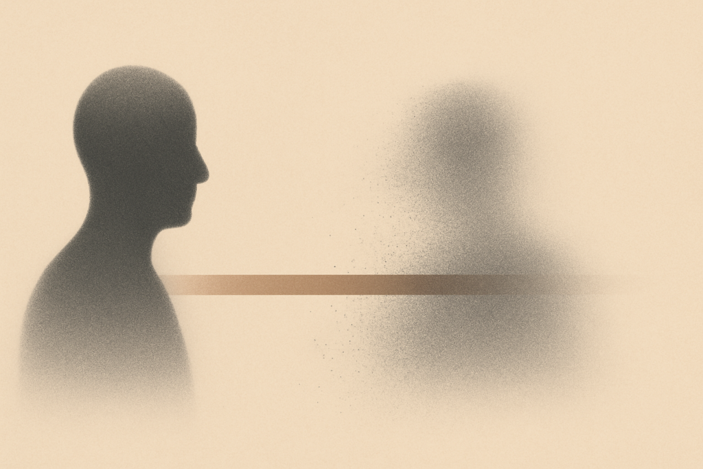 Minimalist illustration of two abstract silhouettes dissolving into soft digital noise with a clay brown beam crossing the frame, symbolizing how anonymity shapes gender narratives online.