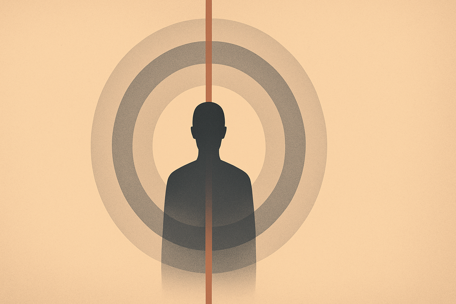 Minimalist illustration showing a central silhouette surrounded by tightening geometric rings, symbolizing platforms turning conflict into identity.