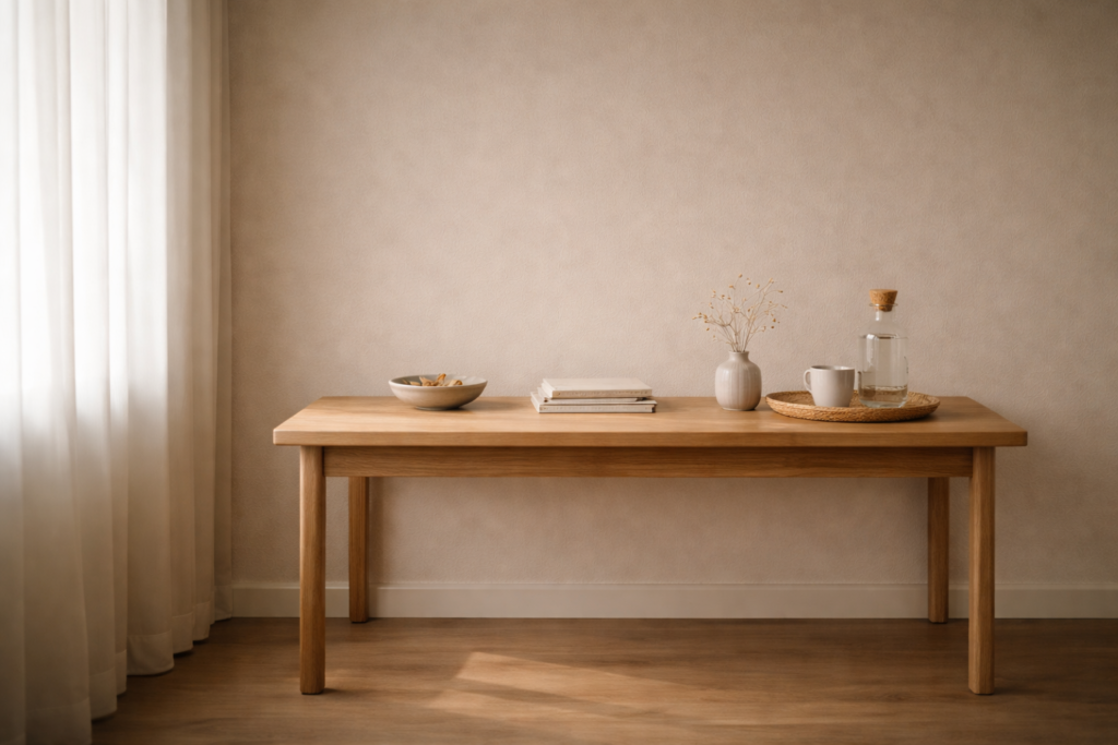Minimalist interior with a wooden table holding a few spaced objects in soft natural light, expressing quiet overload and the need for relief at home.