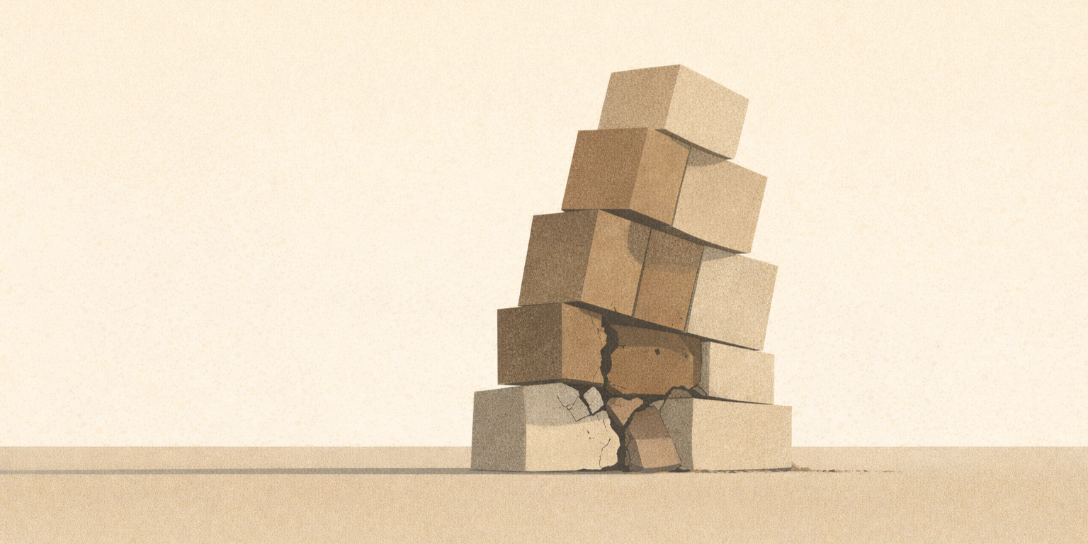 Minimalist architectural illustration showing a fractured base beneath stacked structures, representing system failure from accumulated cost transfer.