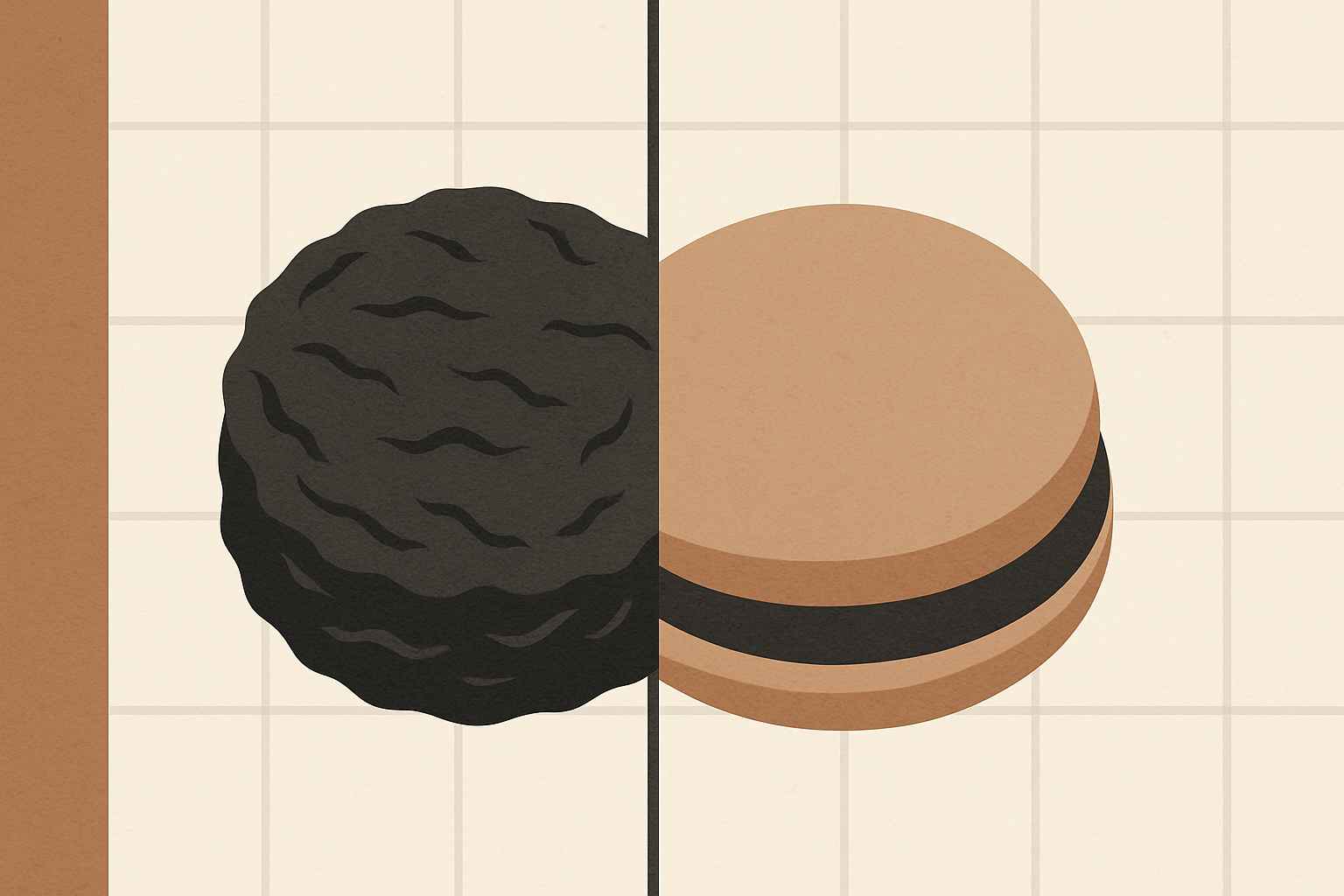 Minimalist split-screen illustration showing how food tastes different now, with a dense version on the left and a more processed version on the right.