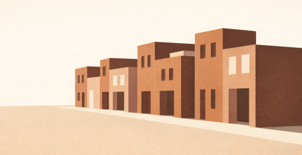 Block logic community order illustrated through a minimalist streetscape of aligned buildings representing shared structure and neighborhood stability.