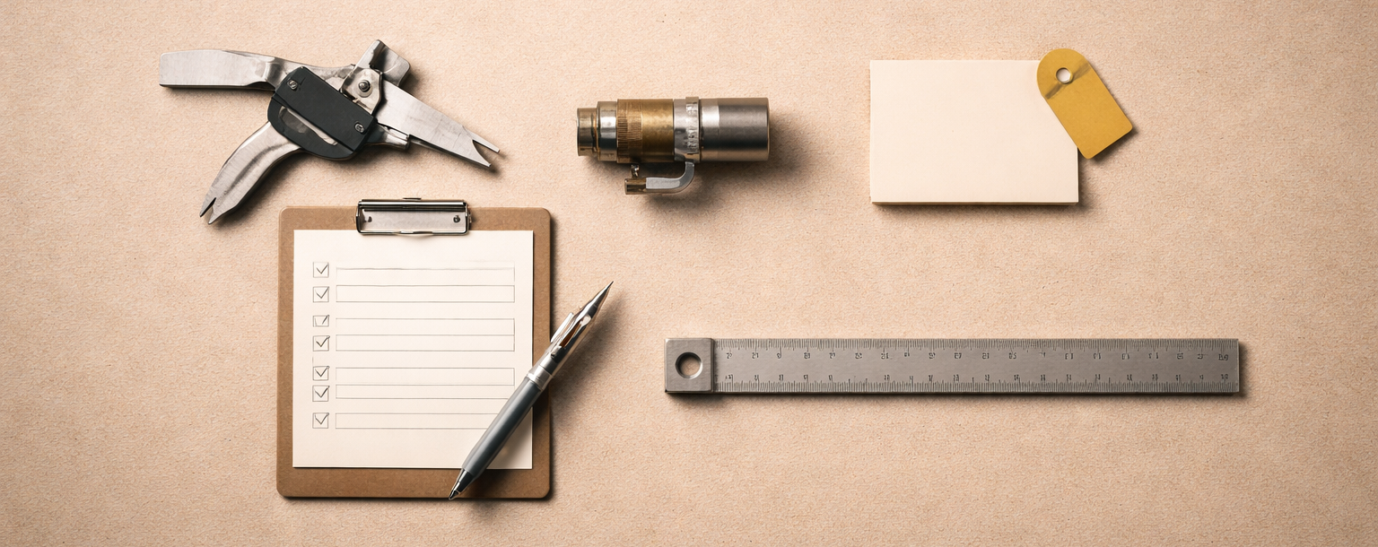 Minimalist industrial scene showing a measured flaw and diagnostic tools, representing failure analysis in skilled labor.