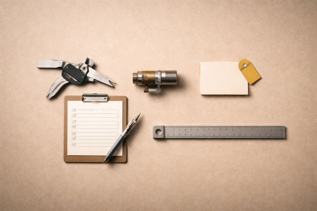 Minimalist industrial scene showing a measured flaw and diagnostic tools, representing failure analysis in skilled labor and corrective discipline.