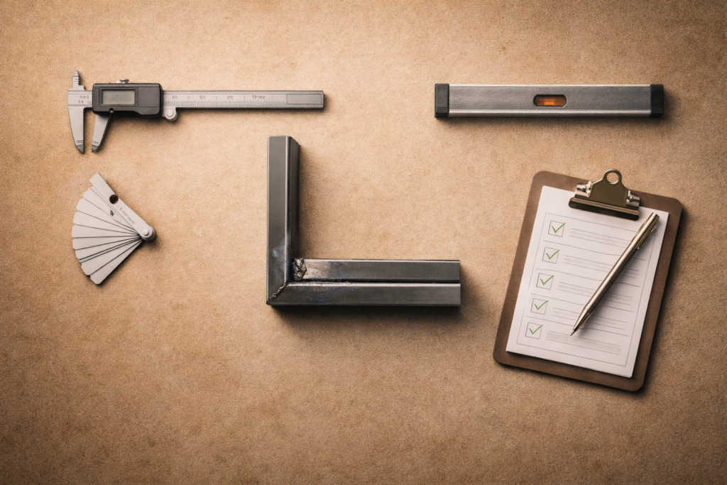 Minimalist industrial scene of inspection tools measuring an assembled joint, representing skilled labor inspection, verification, and accountability.