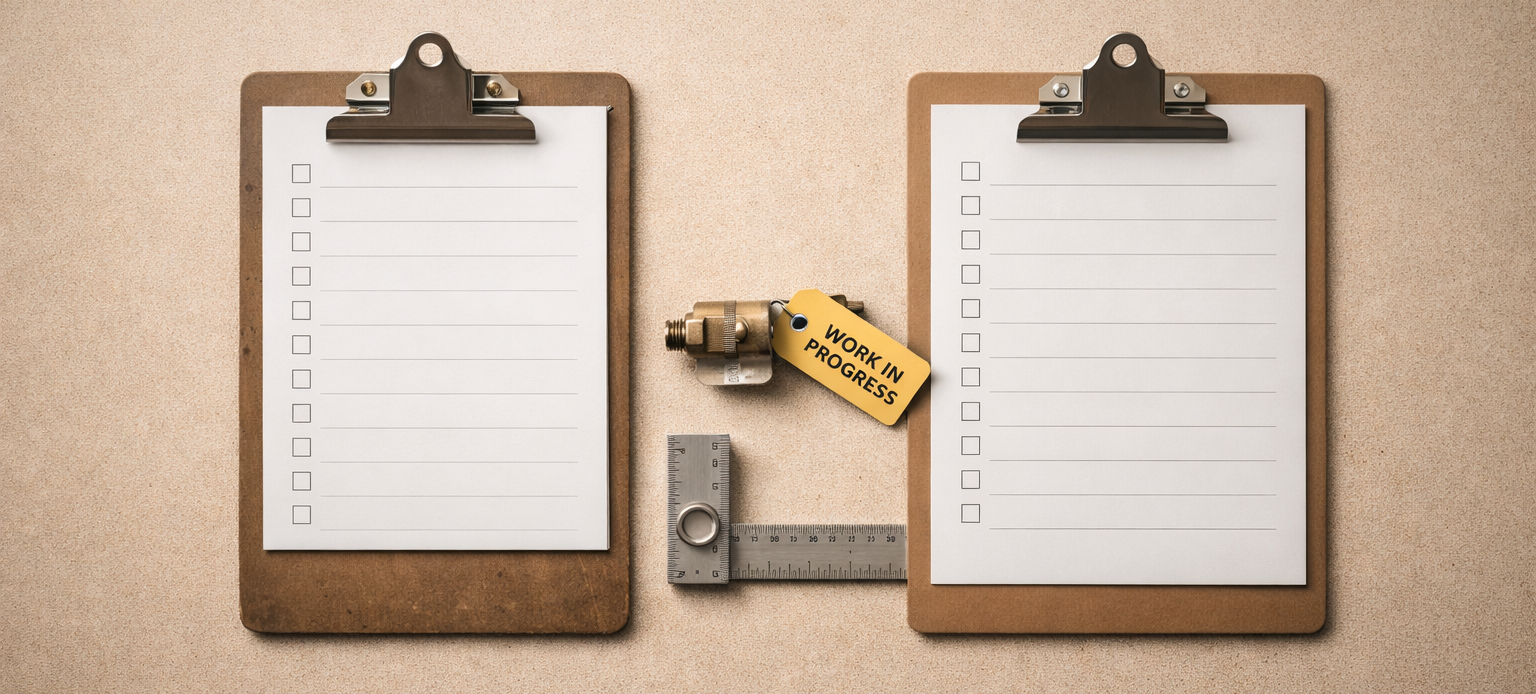Minimalist industrial scene showing two work clipboards and aligned tools representing a skilled labor handoff during a shift change.