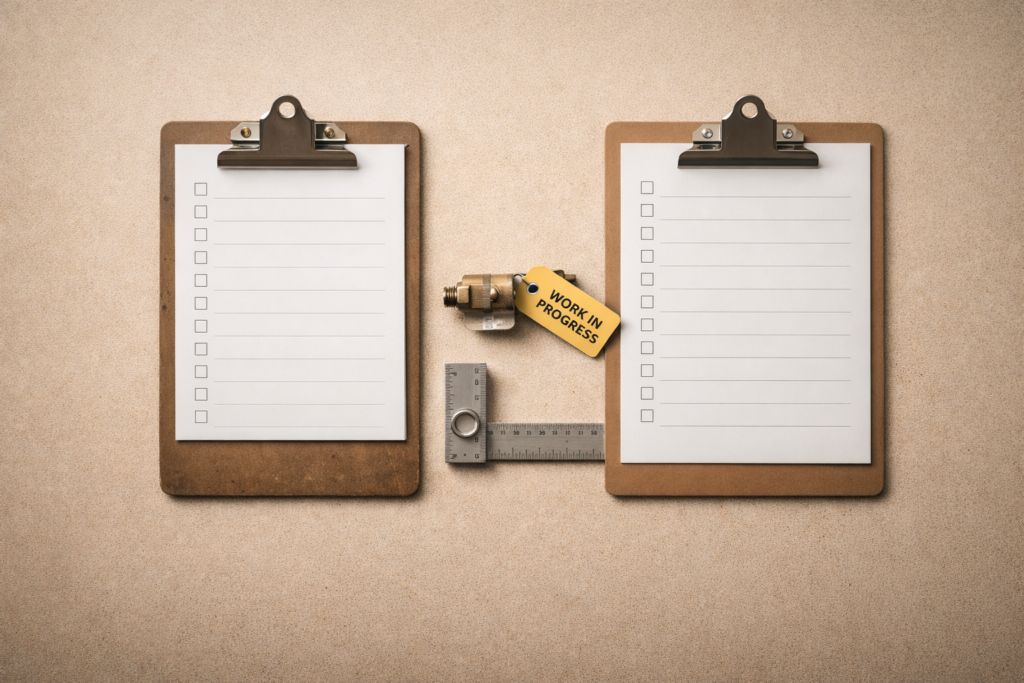 Minimalist industrial scene showing two work clipboards and aligned tools representing a skilled labor handoff during a shift change.