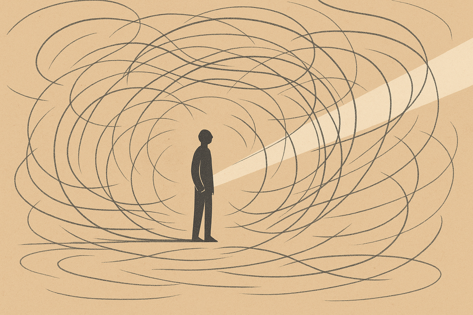 You are not falling apart illustration showing a lone figure inside swirling lines with one clear beam cutting through the noise