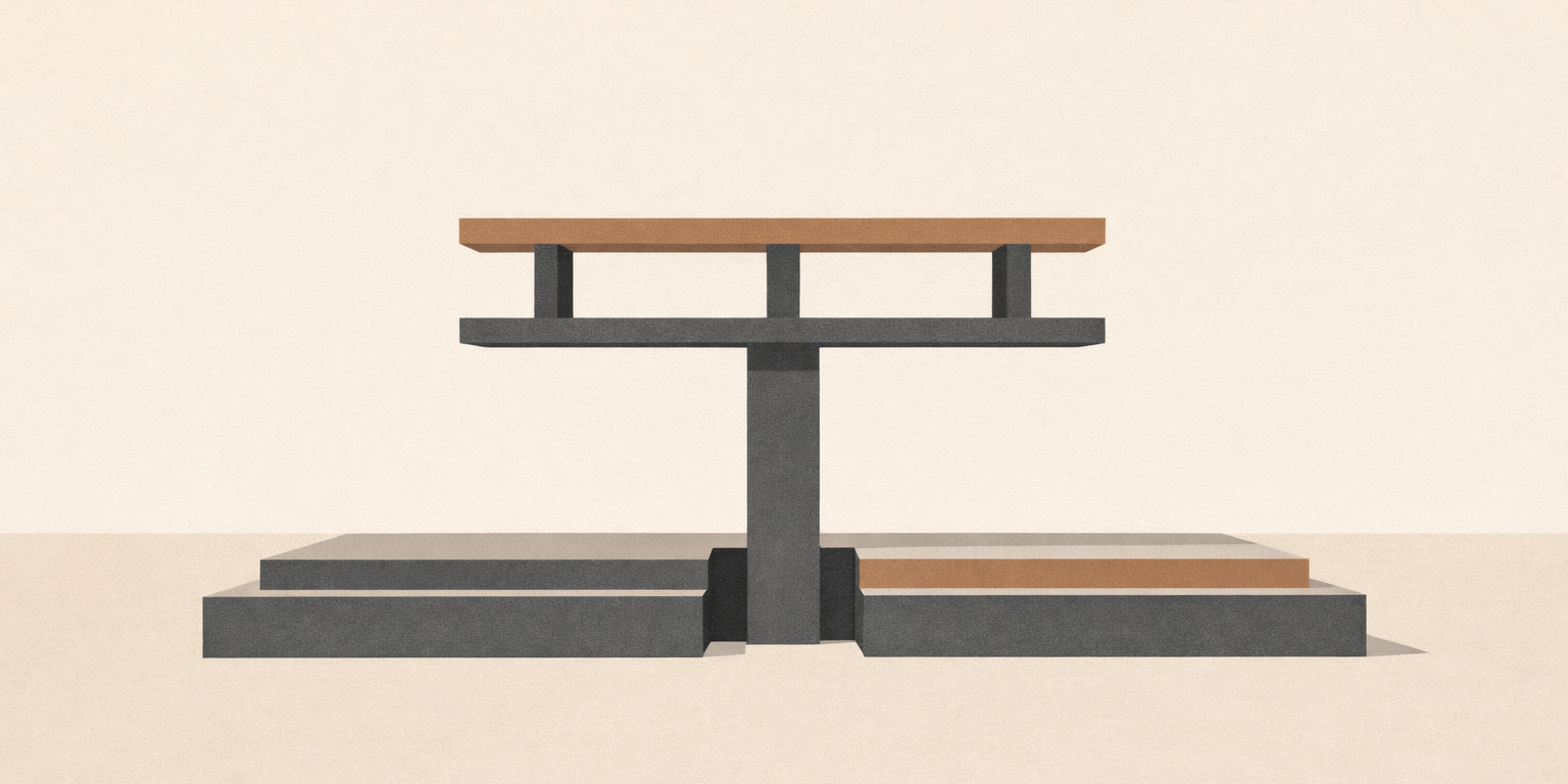 Minimalist architectural illustration representing accountability before authority in relationships through a supported structural beam anchored to a stable foundation.