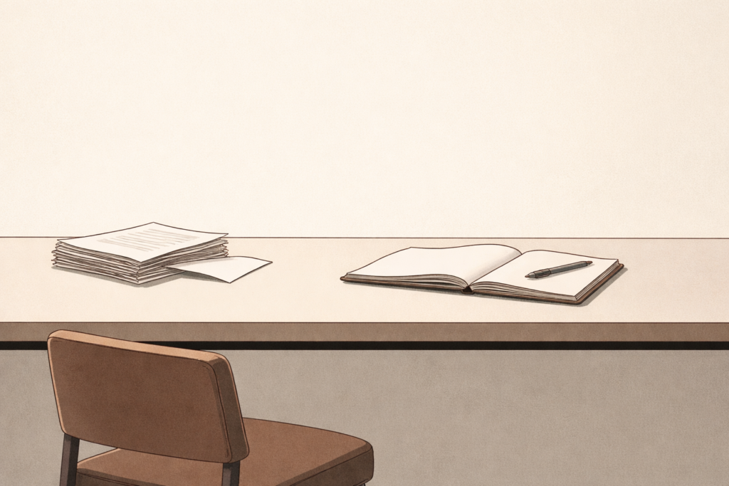 Minimalist editorial illustration of an unfinished desk scene symbolizing avoidance and delayed accountability, with papers slightly out of alignment on a neutral surface.