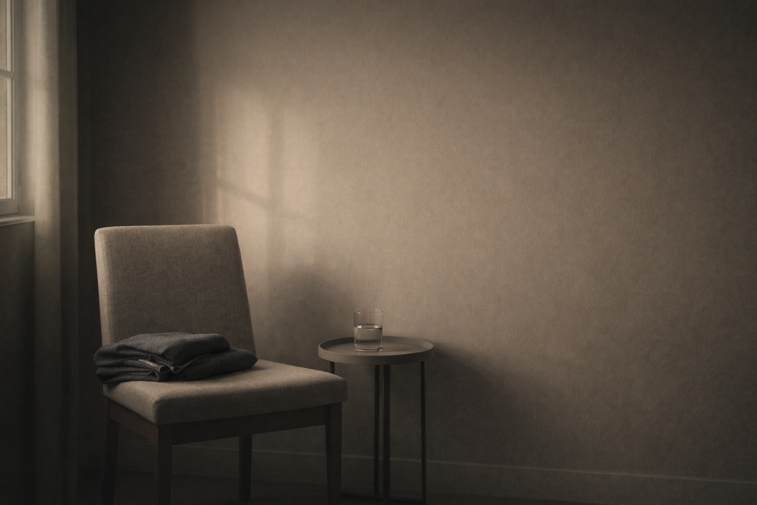 Minimalist interior scene with an empty chair, folded jacket, and untouched glass of water, symbolizing emotional distance rather than healing.