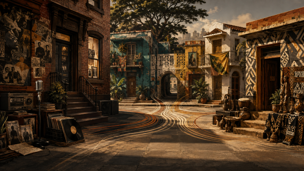 Connected but distinct neighborhood spaces represent Black American culture and wider Black diaspora communities with shared roots and different histories.