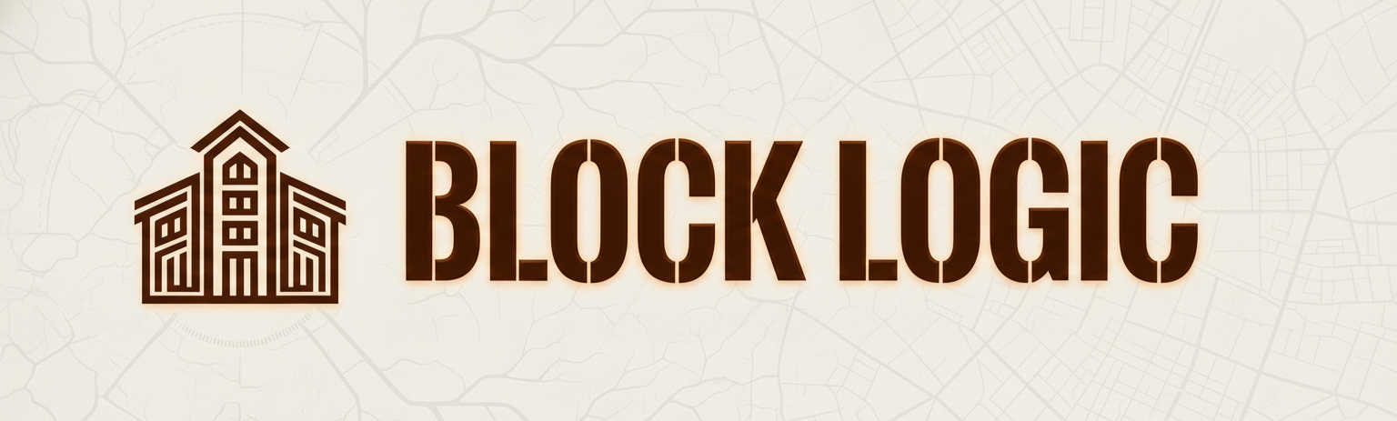 Block logic community order represented through minimalist architectural forms symbolizing neighborhood structure and shared responsibility.