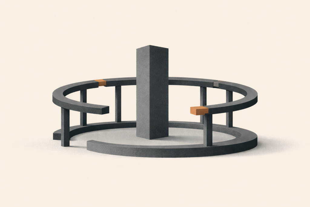 Boards vs founders illustrated through a minimalist architectural structure showing founder authority surrounded by incomplete board governance.