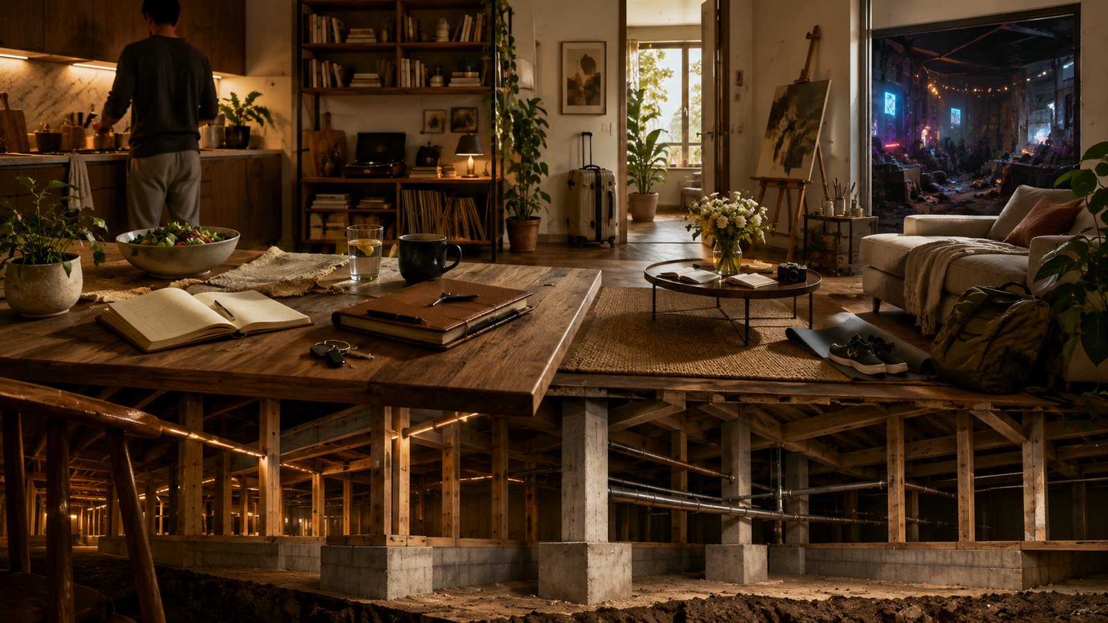 The Architecture of a Boring Person: Stability and Structure A warm organized living space with visible structural elements represents boring person stability built through routine, consistency, and healthy structure.