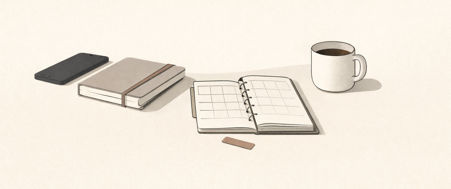 Minimalist editorial illustration showing being busy as an excuse through a quiet workspace with a face-down phone and untouched planner.