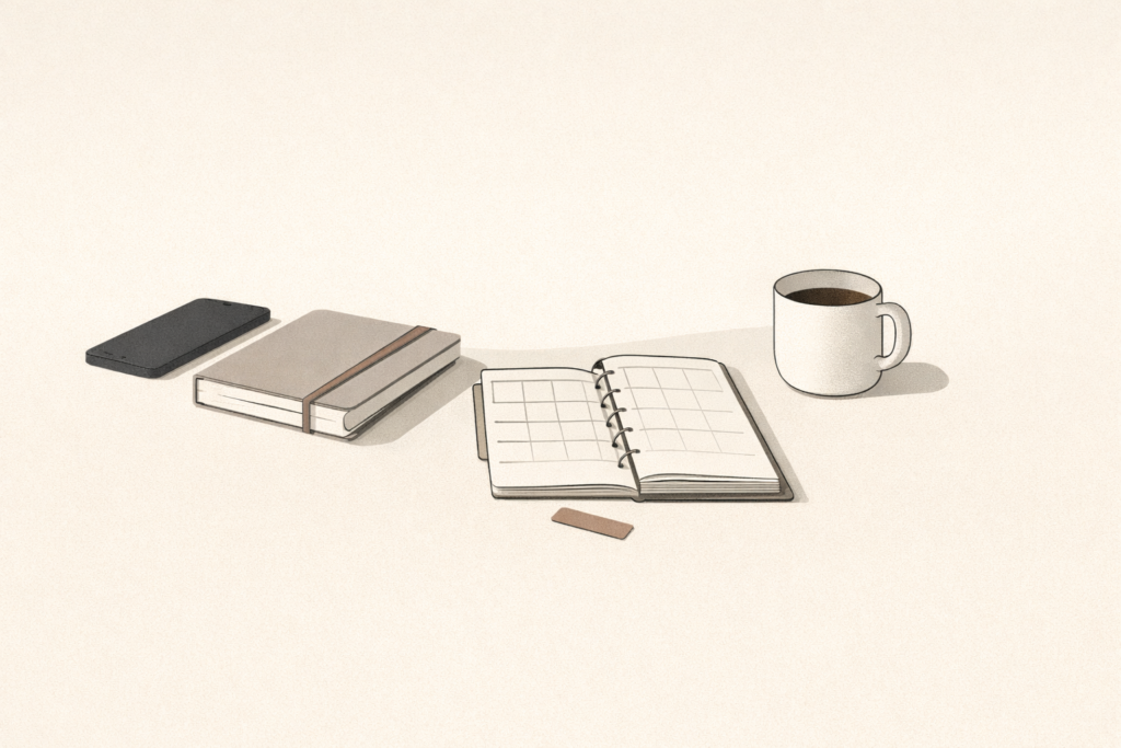 Minimalist editorial illustration representing busyness as avoidance, showing a quiet workspace with an untouched planner, face-down phone, and cold coffee.