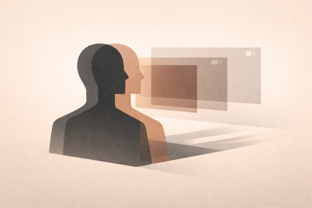 Abstract illustration representing identity performance amplified by media incentives.