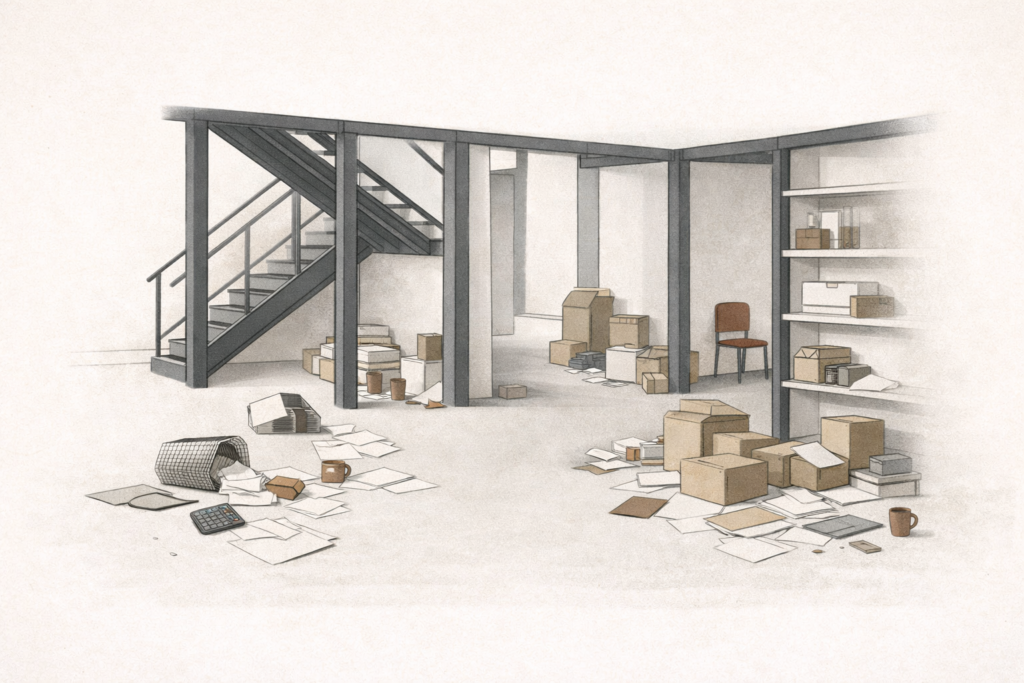 Minimalist architectural illustration showing financial disorder as environmental clutter blocking efficient pathways.