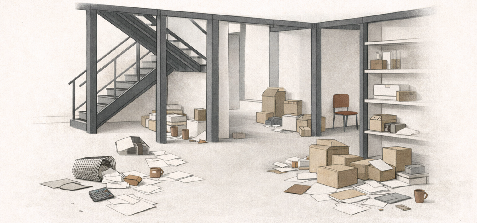 Chaos costs money: minimalist warm-sand architectural interior with scattered unresolved elements disrupting clear pathways.