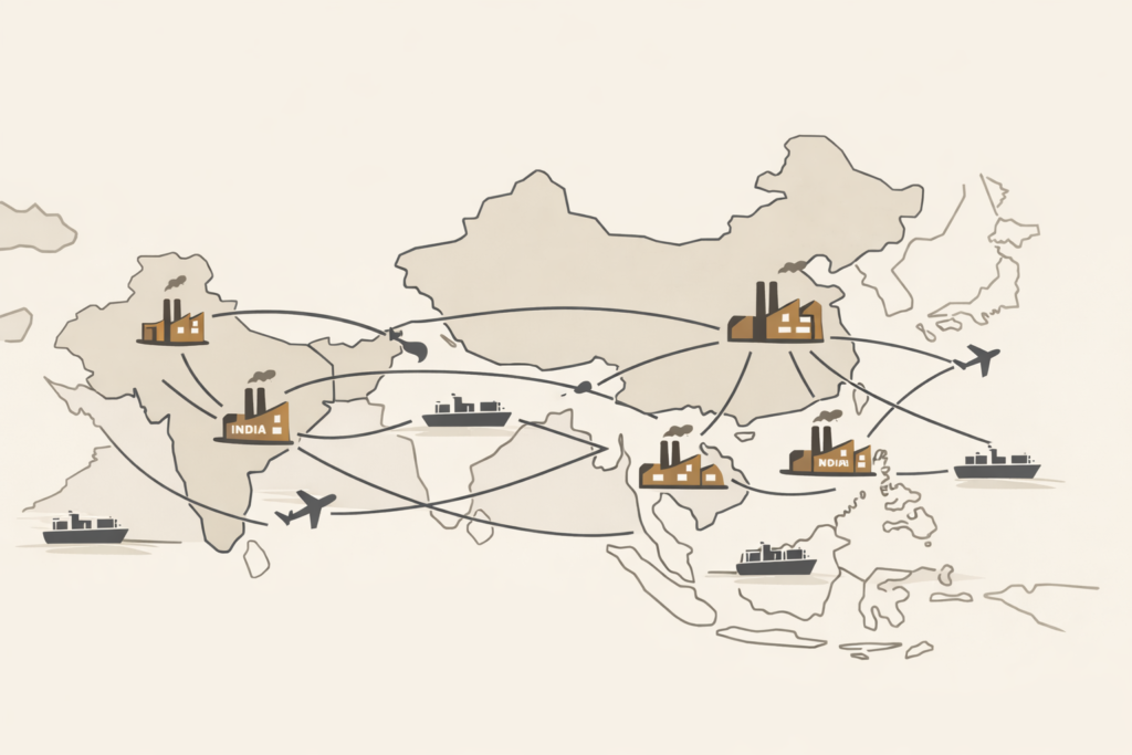 Illustration of global manufacturing shifting from a China-centered supply chain toward diversified production hubs across India, Vietnam, and Southeast Asia.
