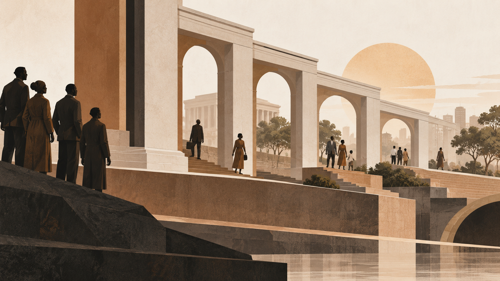 Editorial illustration showing generations connected by shared civic architecture, representing civil rights inheritance, institutional continuity, and uneven outcomes.