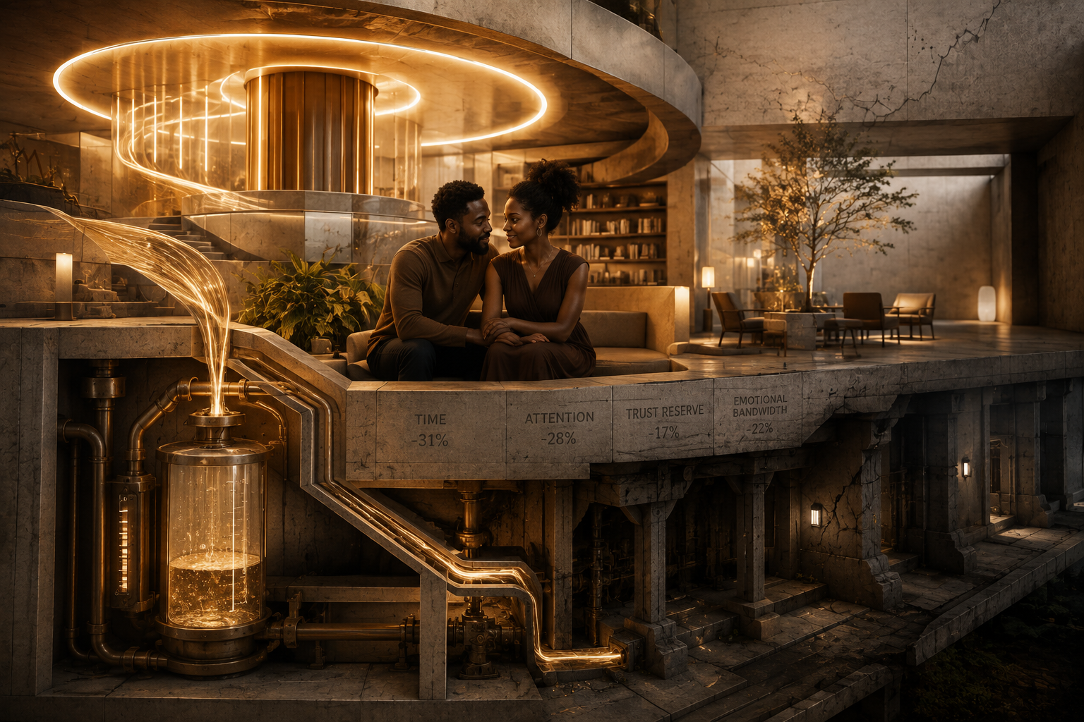 Black couple within an illuminated architectural environment where a high-energy system draws resources from the surrounding structure, representing the hidden cost of excitement in relationships.