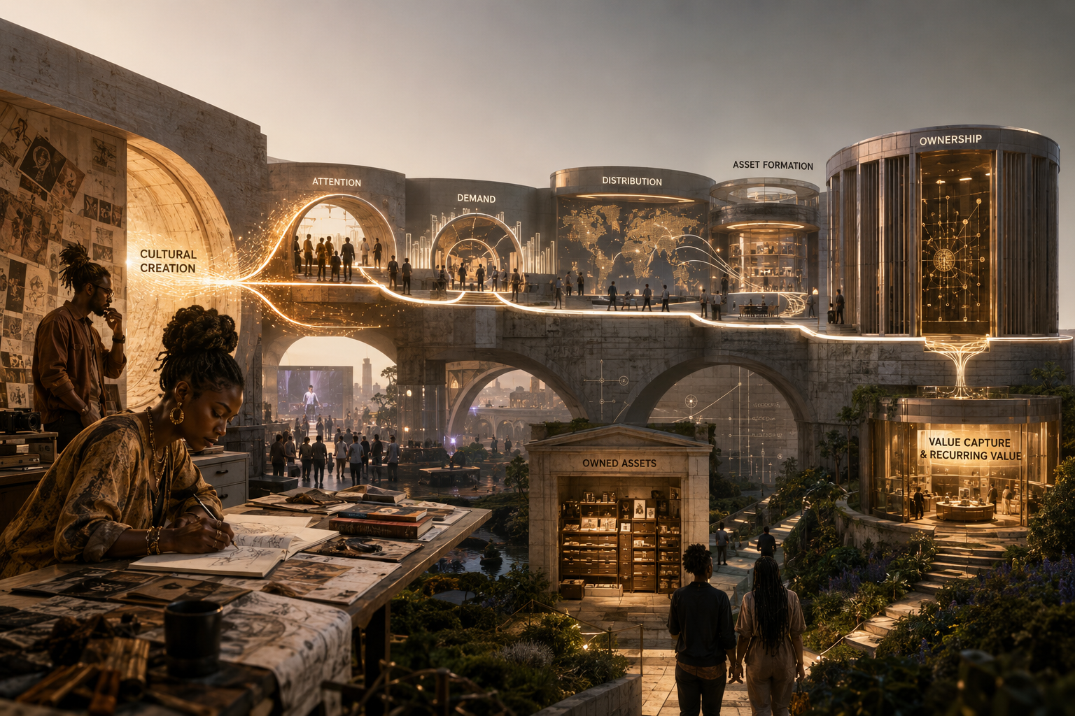 Culture as Capital | Culture Ledger Black cultural creators within an architectural value chain showing how cultural creation moves through attention, distribution, ownership, and long-term value capture.