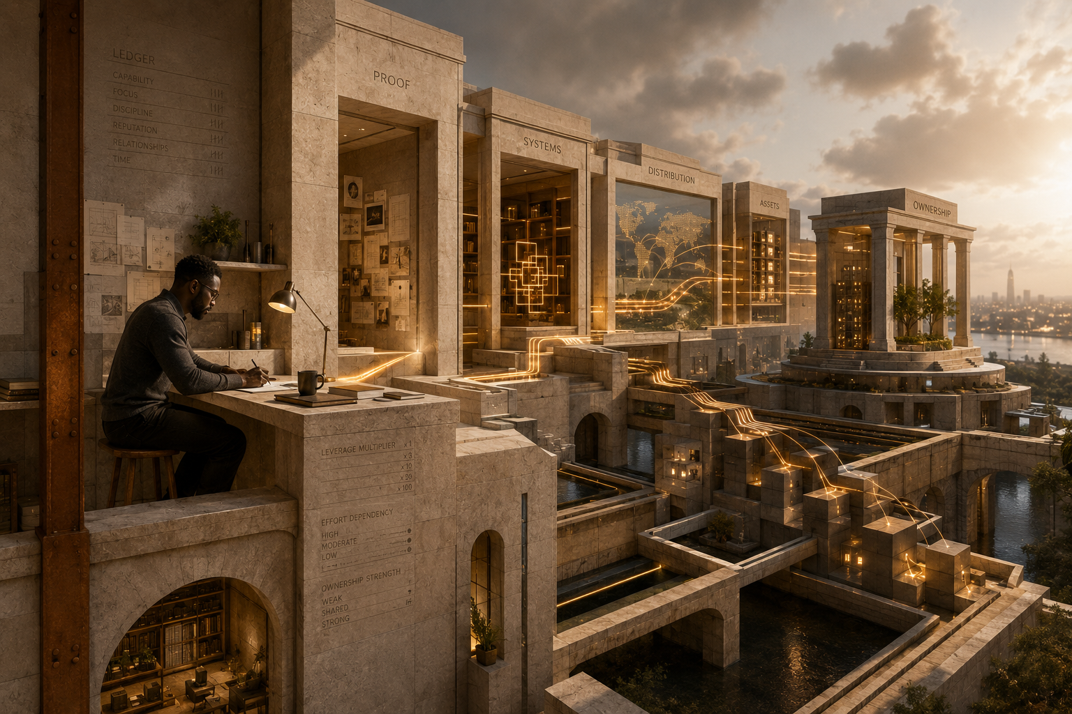 Black professional inside an architectural system where direct labor expands into repeatable systems, distribution pathways, productive assets, and ownership, illustrating how leverage allows valuable work to multiply beyond individual effort.