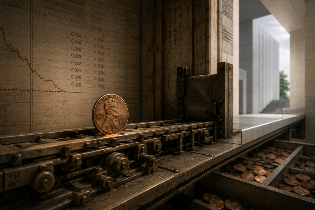 U.S. penny resting within an aging institutional mechanism that ends beside a modern architectural space, representing the end of penny production and the cost of preserving outdated systems.