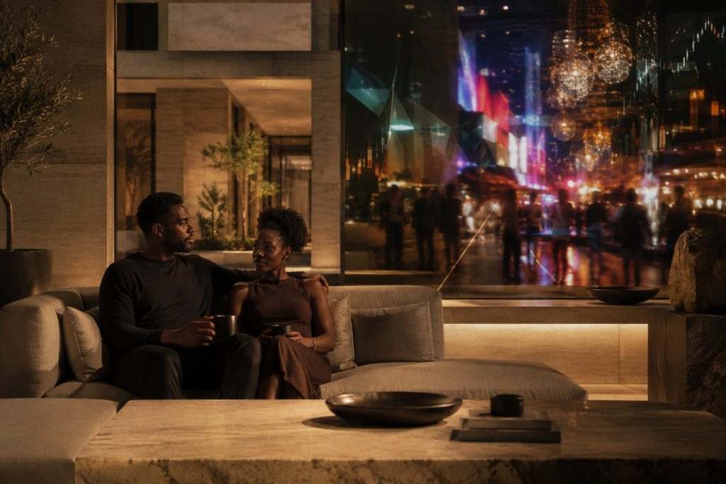 Black couple sharing a calm moment within a structured architectural setting while fragmented lights in the background symbolize cultural noise and emotional intensity.
