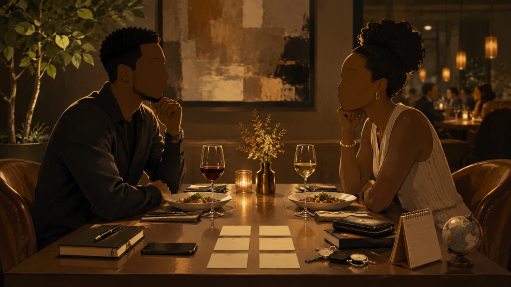 Two guarded adults sit across from each other on a first date, illustrating why modern dating can feel like a job interview.