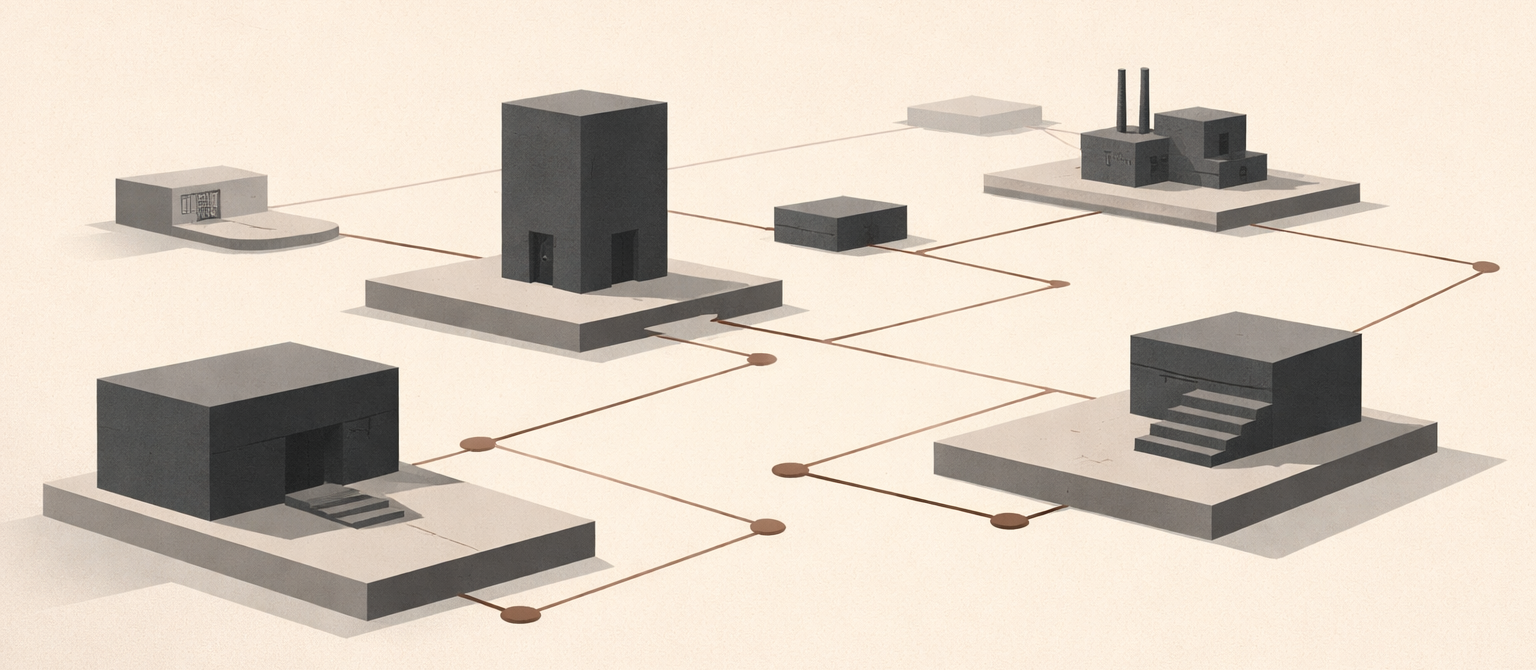 Minimalist architectural illustration showing decentralized structures connected by thin pathways, representing modern forced labor as a fragmented system of control.